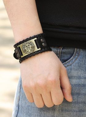 经典复古五角星牛皮手镯时尚潮流饰品手环月亮生命树潮男wish热销