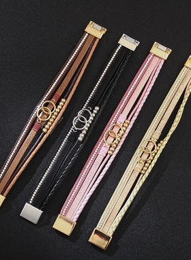 2025新品PU皮革手链多彩圆环金珠手工编织皮条手环校园时尚风