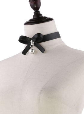 跨境朋克日本原宿软妹气质蝴蝶结颈链颈带性感小玲铛项链PU皮