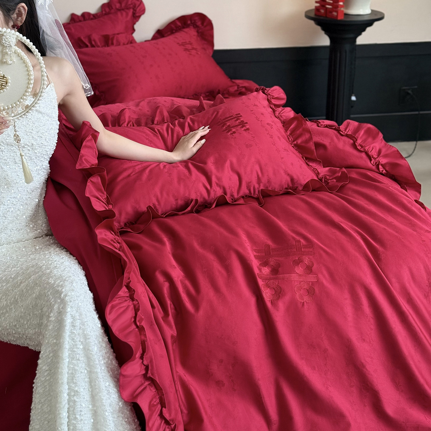 浪漫法式婚庆四件套100S纯棉红色花边被套结婚用喜被送礼床单床品,淘宝优惠券,粉丝福利购,淘宝优惠卷