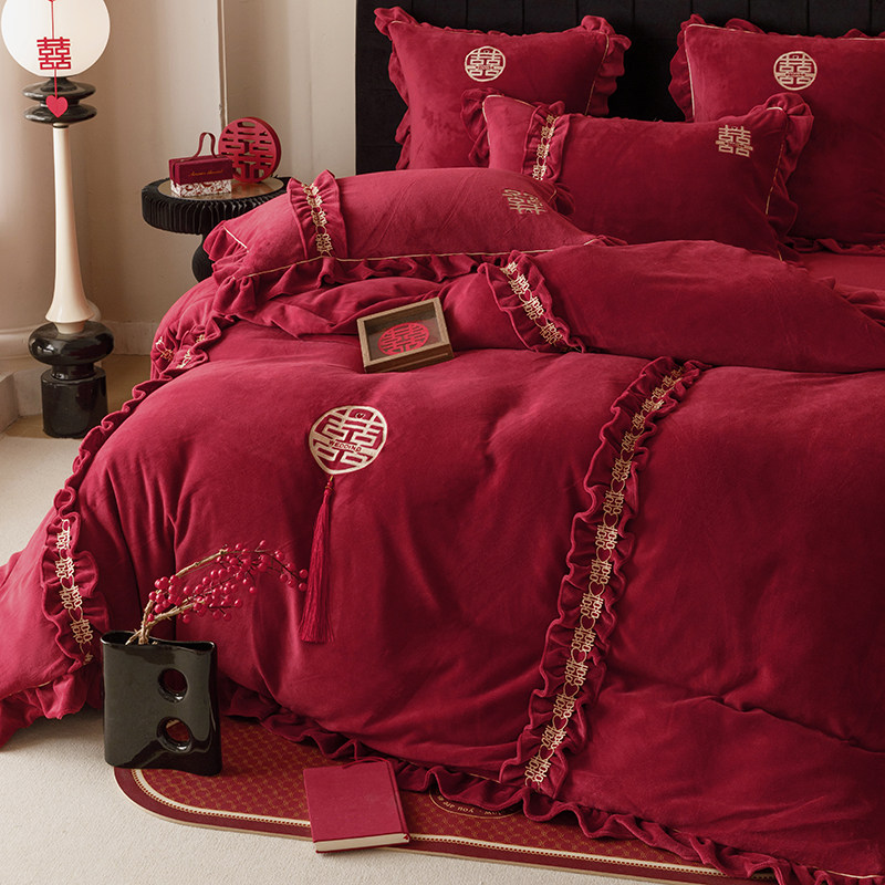 公主风秋冬牛奶绒婚庆四件套红色加厚保暖珊瑚绒床单结婚床上用品,淘宝优惠券,粉丝福利购,淘宝优惠卷