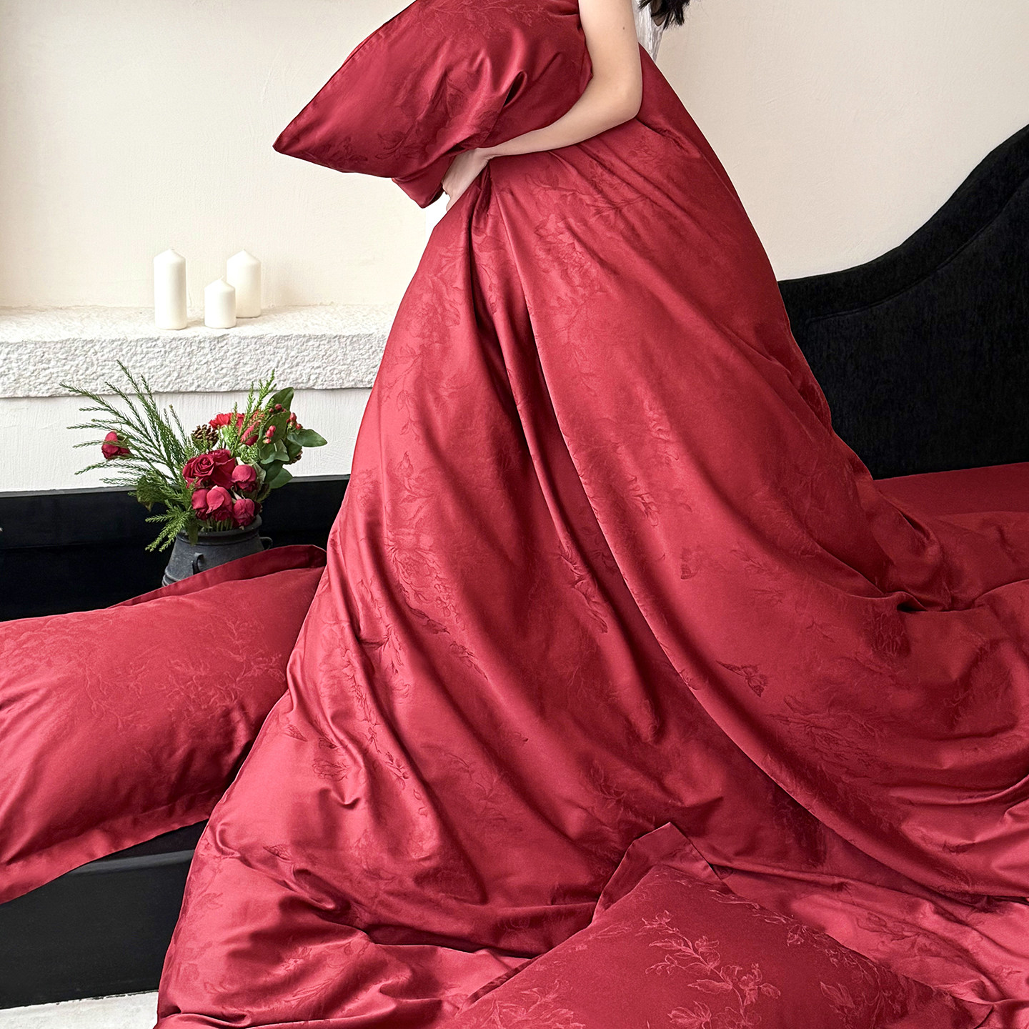 坤花家纺轻奢风婚庆四件套100S纯棉被套红色结婚喜被陪嫁床单床品,淘宝优惠券,粉丝福利购,淘宝优惠卷