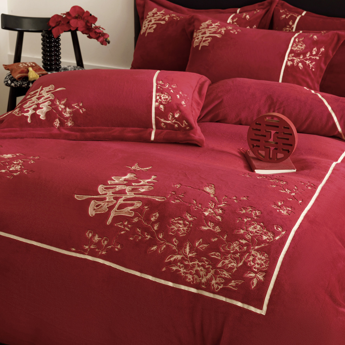 新中式牛奶绒婚庆四件套加厚保暖喜字被套红色冬季珊瑚绒结婚床品,淘宝优惠券,粉丝福利购,淘宝优惠卷
