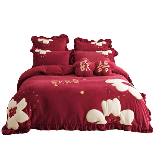冬季牛奶绒婚庆四件套加厚保暖珊瑚绒贴布绣被套红色欢喜结婚床品 - 图3