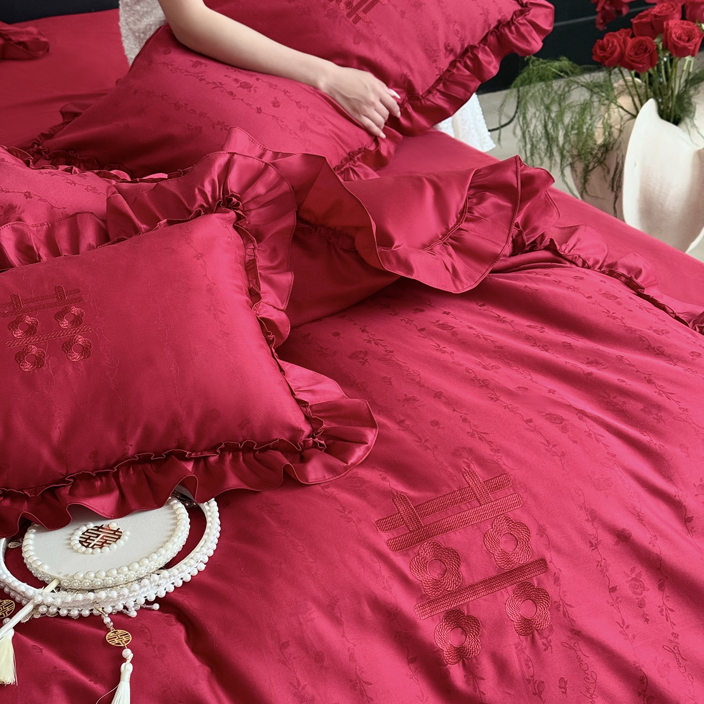 浪漫法式婚庆四件套100S纯棉红色花边被套结婚用喜被送礼床单床品,淘宝优惠券,粉丝福利购,淘宝优惠卷