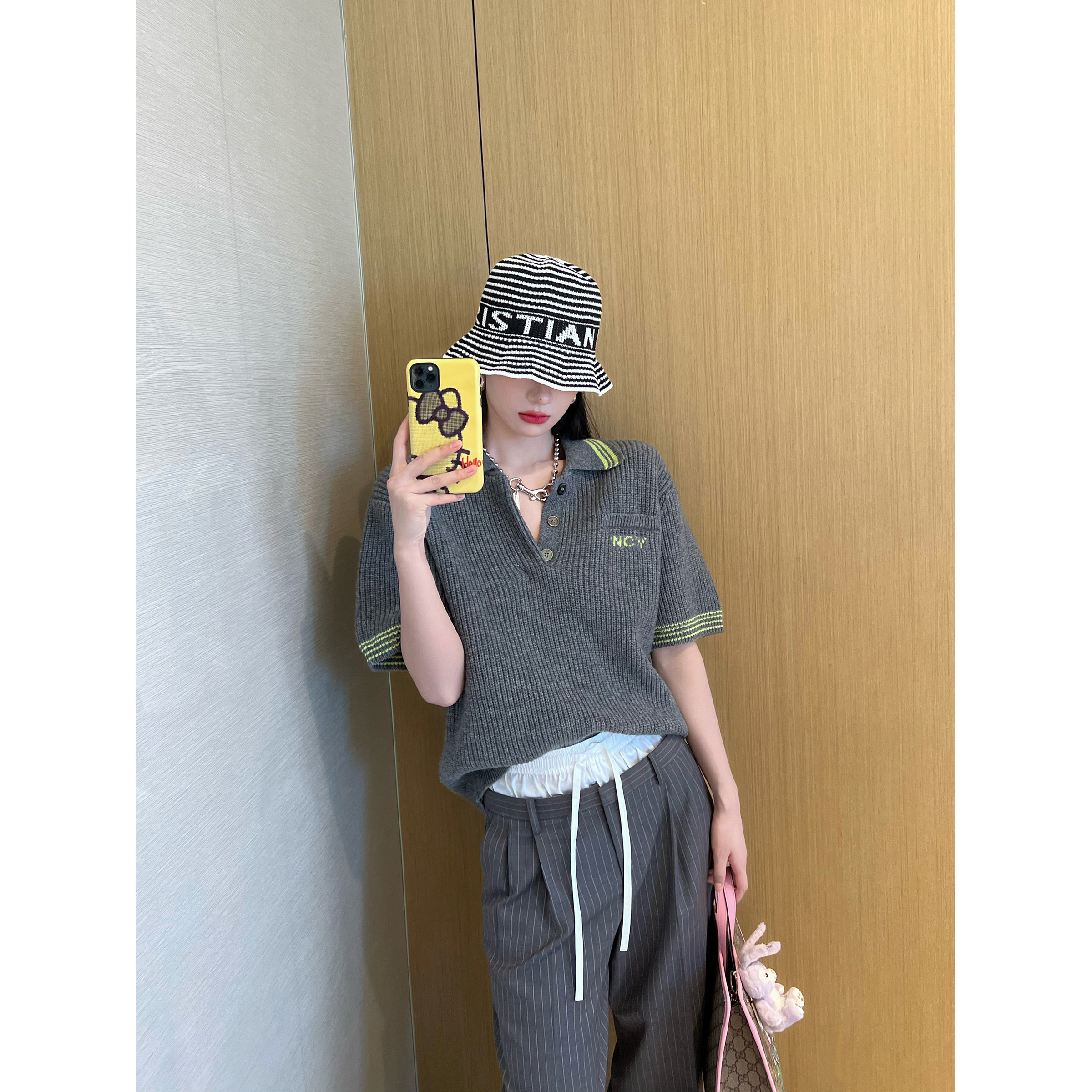 NancyCavally专柜款抗皱精纺羊毛 双腰头拼接H型量感条纹阔腿裤