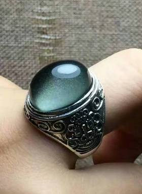S925纯银复古霸气开口戒指绿幽灵