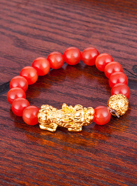 黑红玛瑙六字真言沙金貔貅手链
