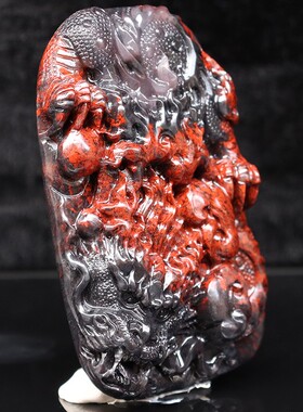 73*46*14mm 84g天然玉石挂件桂林鸡血玉石 乾坤料黑底红男士龙牌