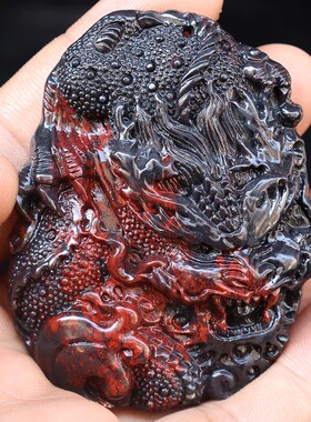 66*52*13mm 58g天然玉石挂件桂林鸡血玉石 乾坤料黑底红男士龙牌