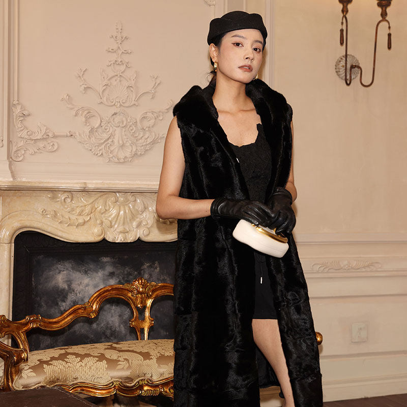 茉萱 黑金爵士 进口水貂外套马甲长背心黑色带帽横排貂皮大衣女,淘宝优惠券,粉丝福利购,淘宝优惠卷