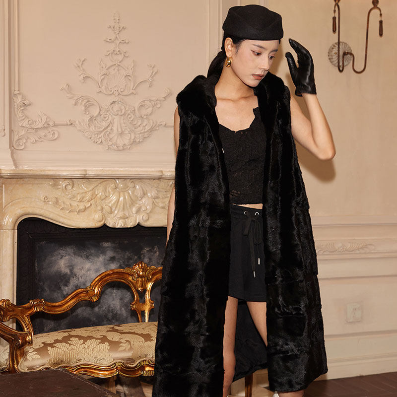 茉萱 黑金爵士 进口水貂外套马甲长背心黑色带帽横排貂皮大衣女,淘宝优惠券,粉丝福利购,淘宝优惠卷