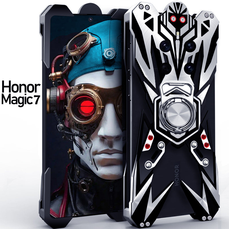 Suitable for Honor Magic7Pro metal mobile phone case, anti-fall Magic7RSR Porsche aluminum alloy protective cover, magnetic holder, ring, mechanical hard shell, mechanical hollow and thickened, trendy handsome man