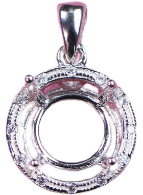圆形吊坠托空托10宝石莫桑钻项链坠托空拖925纯银镀18K白金高级感