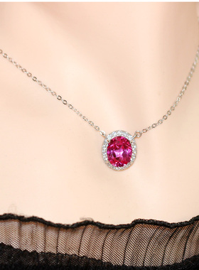 玫红碧玺项链套链925纯银镀白金