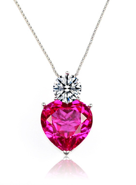 大心形女玫红碧玺吊坠925纯银