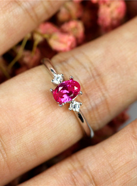 玫红碧玺戒指女款纯银镶钻银戒