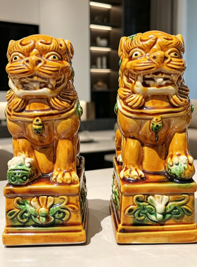 中式陶瓷狮子蓝色摆件看门宫门狮