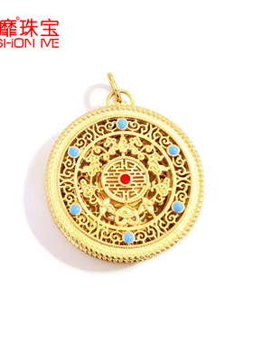 绿松镶嵌同心轮项链银镀金3D硬金纯银珐琅彩吊坠祥云五福汉服复古