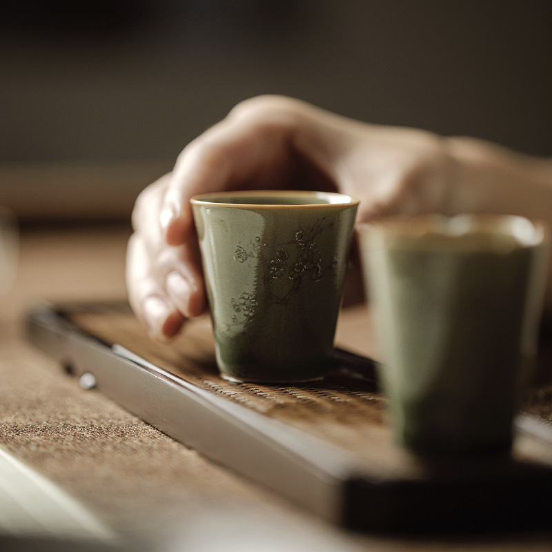 束刻个人专用茶杯越窑青瓷仿古品茗杯闻香杯功夫茶具国风单主人杯 - 图1