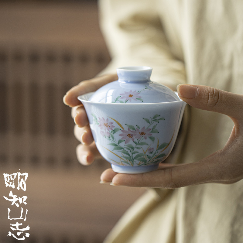 夏禾茶具碧落蓝手绘盖碗功夫茶具家用现代小清新蓝色泡茶碗治愈系 - 图0