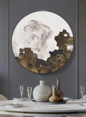 客厅装饰画圆形肌理太湖石抽象背景墙实物壁画新中式过道餐厅挂画