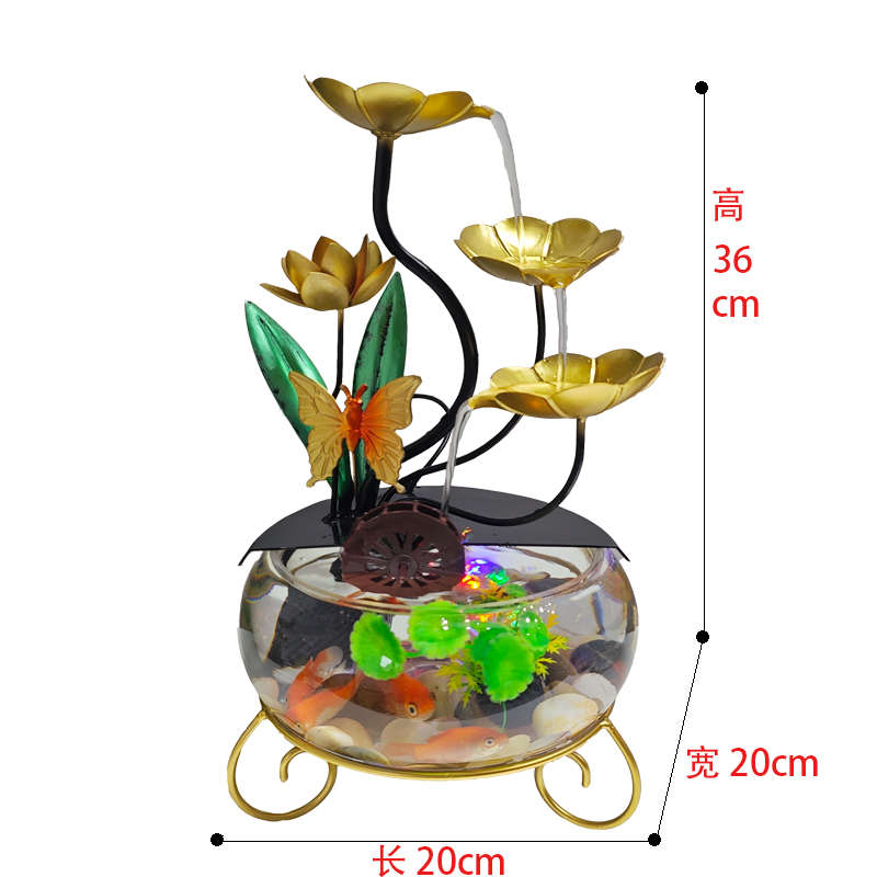 新款黑色招财水车玻璃养鱼缸流水摆件循环水办公室创意铁艺荷花