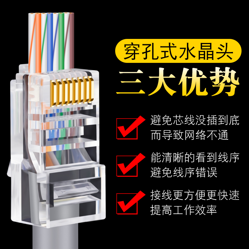 CNCOB专业级超五类穿孔式网线水晶头rj45网络接头通孔8P八芯100颗 - 图2