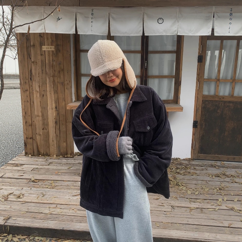 2025秋冬one seven新款宽松百搭加绒保暖复古灯芯绒羊羔毛外套女 - 图0