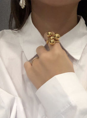 金属几何戒指女ins小众设计师欧美时髦派三颗圆球开口可调节指环