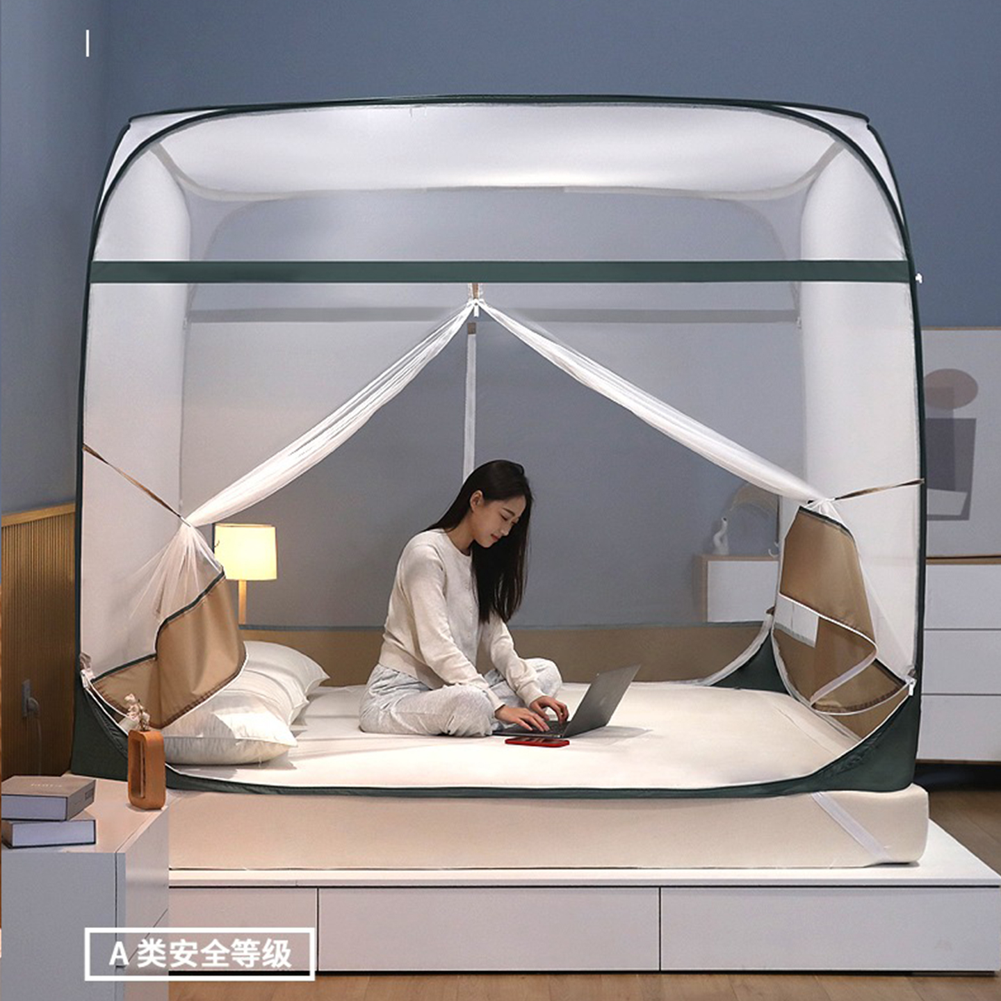喜富锦蒙古包蚊帐2025新款A类无底T型免安装三开门全罩式双人家用 - 图1