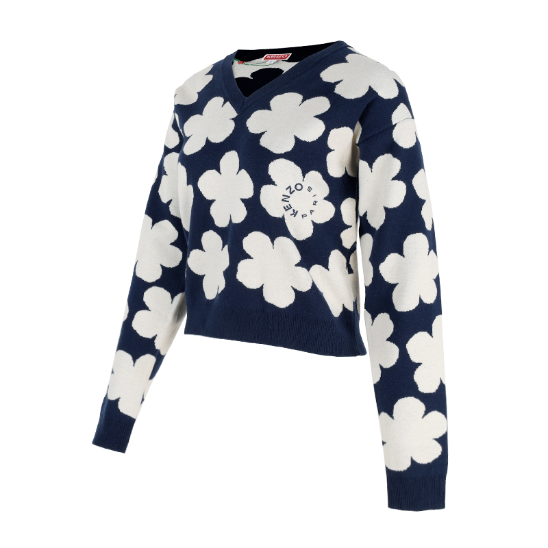 KENZO高田贤三新款女士花朵logo图案深蓝色短款针织衫3CO 2PU326