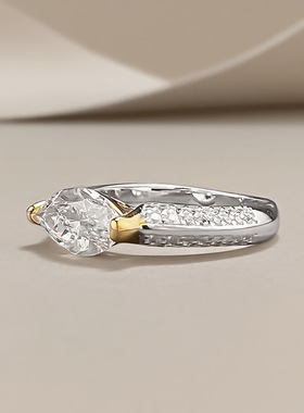 辉之翼珠宝 S925银欧美跨境款6*12mm马眼白钻电分金款戒指环ins风