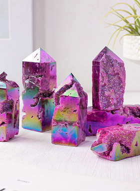 跨境天然闪锌矿四面柱电镀彩色四棱柱矿石原石标本水晶柱桌面