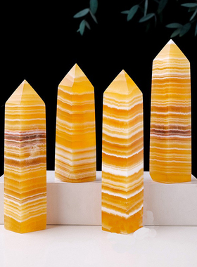 天然水晶黄方解石单尖四棱柱原石打磨黄冰州消磁能量石柱摆件