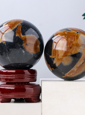 天然水晶海洋黑碧玺共生水晶球原石打磨能量石球七星阵风水球摆件