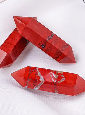 天然水晶红碧玉双尖柱原石打磨抛光六棱水晶柱能量石柱工艺品