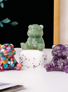 天然水晶碎石小熊摆件粉紫黄水晶滴胶树脂抱抱熊可爱氛围装饰