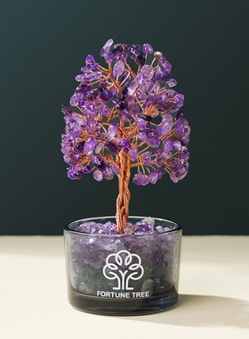 天然水晶碎石聚宝盆发财树紫水晶黄水晶摇钱树手工编织水晶招财