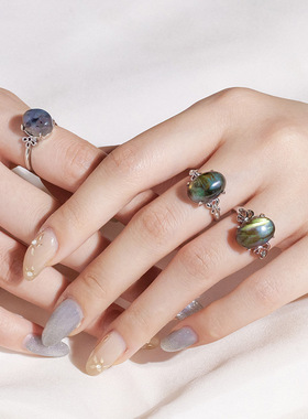 跨境天然水晶拉长石戒指拉长石裸石镶嵌可调节戒指欧美小众风