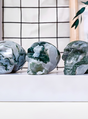 天然水晶水草玛瑙骷髅头雕刻件原石打磨万圣节鬼头工艺品装饰