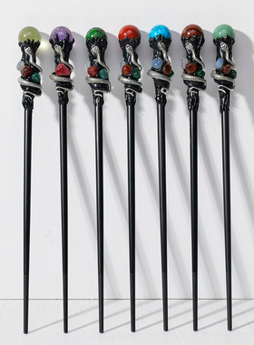 天然水晶球权杖水晶原石滚球权杖白水晶球魔法杖万圣节魔法棒