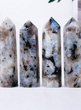 天然水晶月光石六棱柱黑灰月光石原石打磨单尖柱拉长石水晶柱