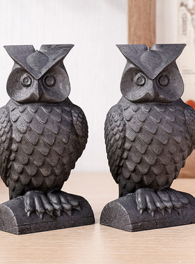 天然水晶次石墨猫头鹰雕刻件国产次石墨办公桌面防辐射装饰品