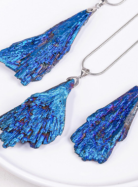 天然水晶电镀黑碧玺吊坠项链 电气石原石矿标蓝孔雀羽毛饰品批发