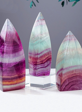 跨境天然水晶石 七彩萤石火炬雕刻件 紫绿萤石原石打磨水晶柱