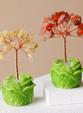 天然水晶碎石白菜水晶树手工编织黄水晶百财水晶发财树摇钱树