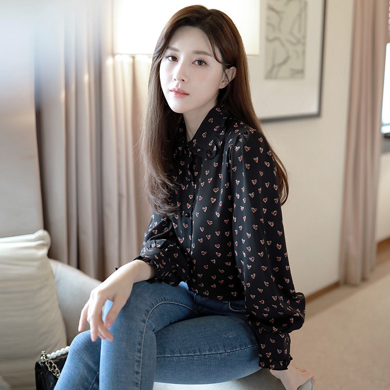 黑色加绒秋冬修身2020新款雪纺衬衫 宝采尔蕾丝衫/雪纺衫