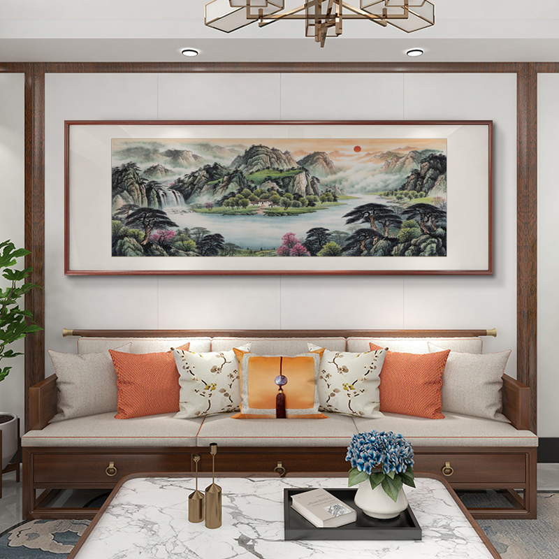 紫气东来国画山水画新中式客厅装饰画沙发背景墙挂画旭日东升壁画