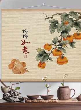 新中式古风竹帘挂画茶室客
